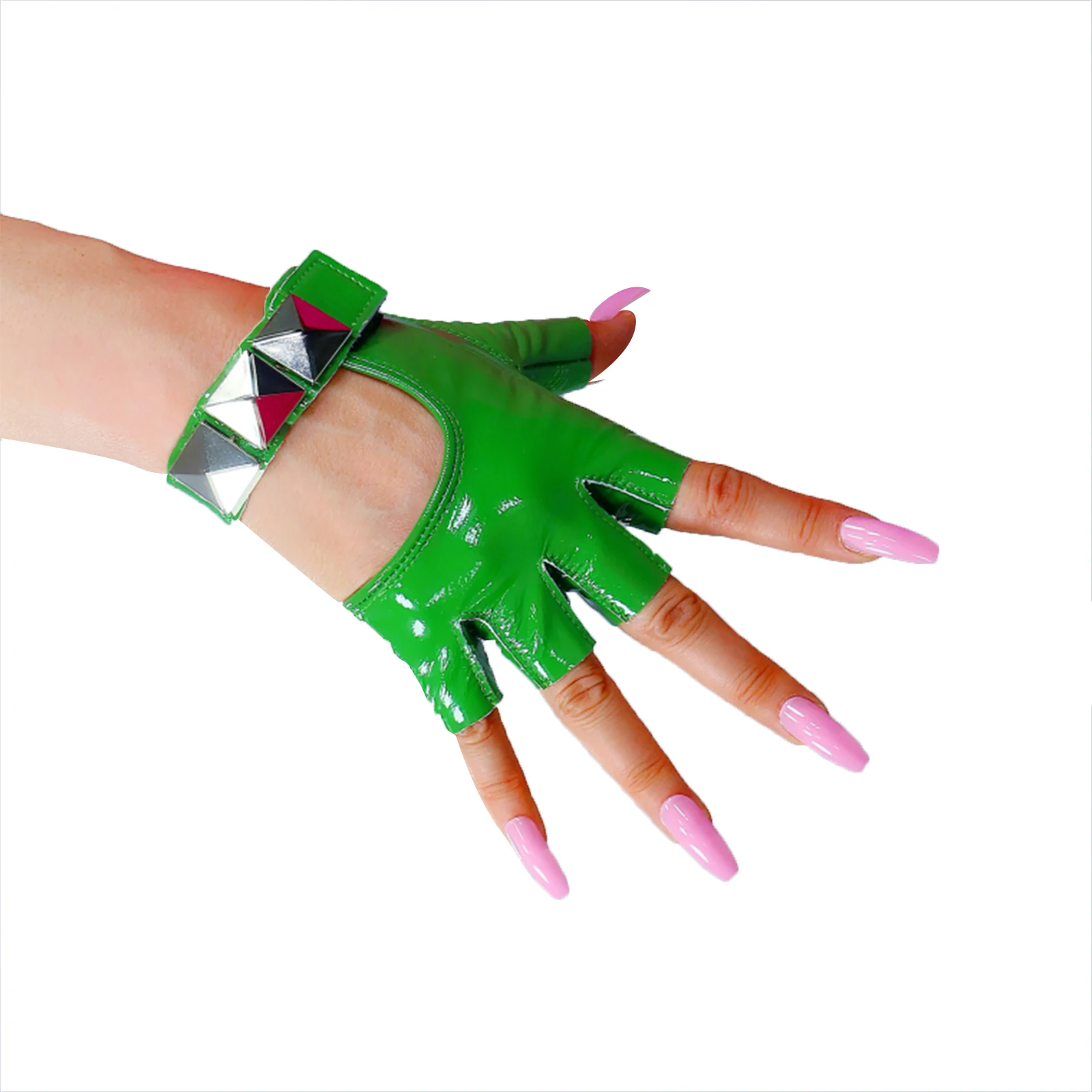 

DooWay Women's Fingerless Gloves Short Shine Green REAL LEATHER Square Silver Studs Fashion Evening Half Finger Nightclub Glove