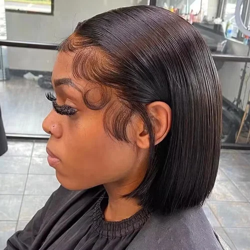 Imagen 1 del producto Peluca de cabello humano Bob liso de 12 y 14 pulgadas, pelucas frontales de encaje 4x4 HD con encaje Frontal 13x4, pelucas de Bob corto, cabello humano 100% negro Natural