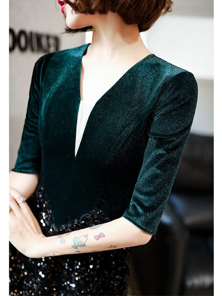 

Ele Velvet Evening Dr Women's Host Gown Korean Sle Mid-Waist Long Skirt with Sequins for Par Wedding Performance