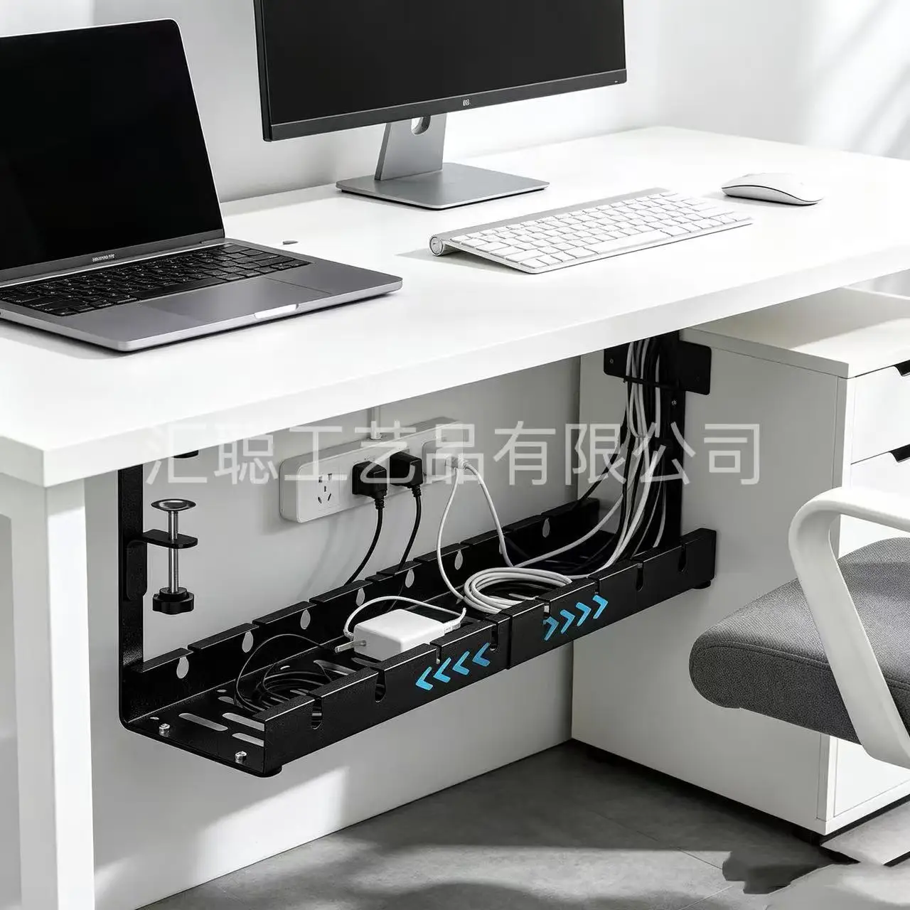 Adjustable Under Desk Cable Tray No-Drill Clamp-On Metal Organizer Power Strips Cables Home Office Study