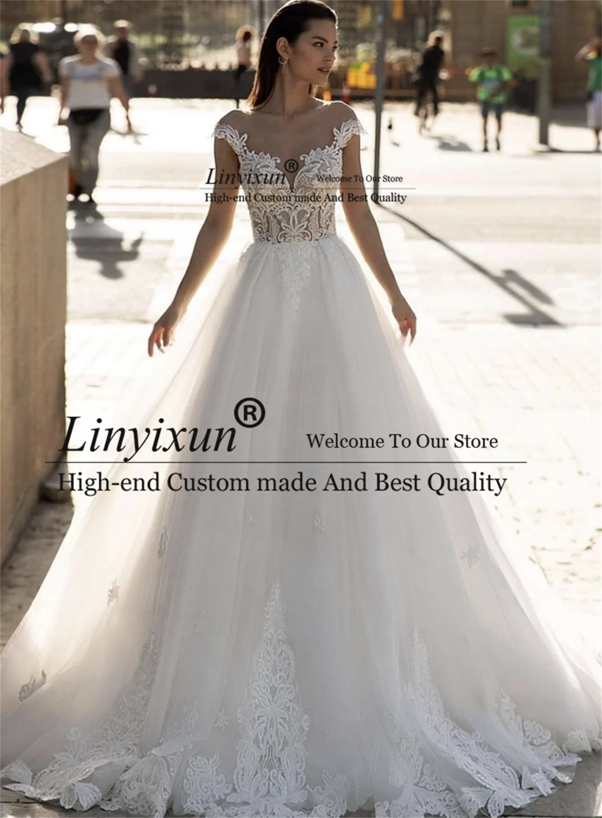 Elegant A-Line ชุดแต่งงาน Sweetheart ปิดไหล่ลูกไม้ Appliques ลูกปัดชุดเจ้าสาว Backless Sweep Train Robe De Mariée