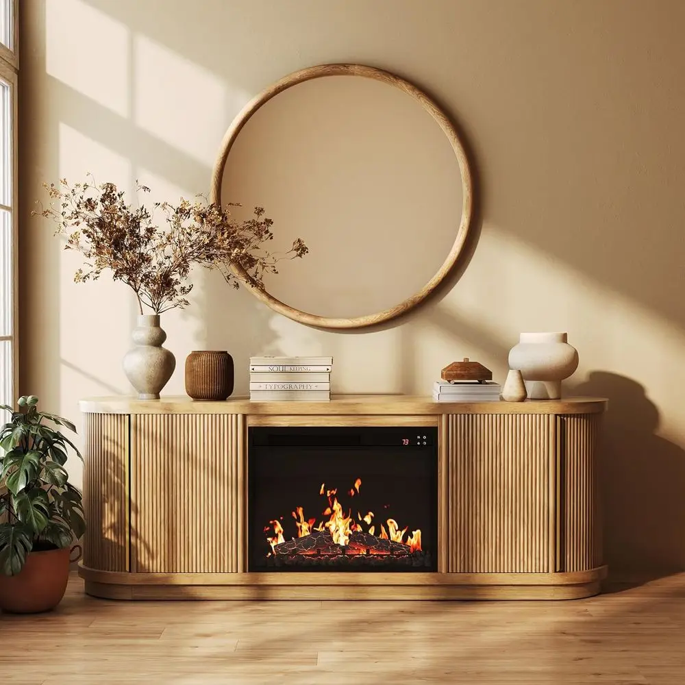 

67 Electric Fireplace TV Stand with Sound, 75 Curved Entertainment Center, Sliding Door Media Table for Living Room