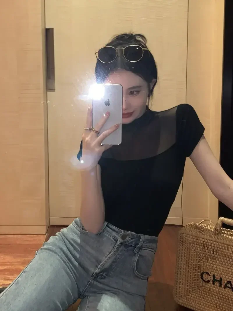 Sexy Black Sheer Mesh Short Sleeve T-shirt Summer Chic Patchwork Slim Hotgirl Korean Stly Turtleneck Women Clothes Crop Tops