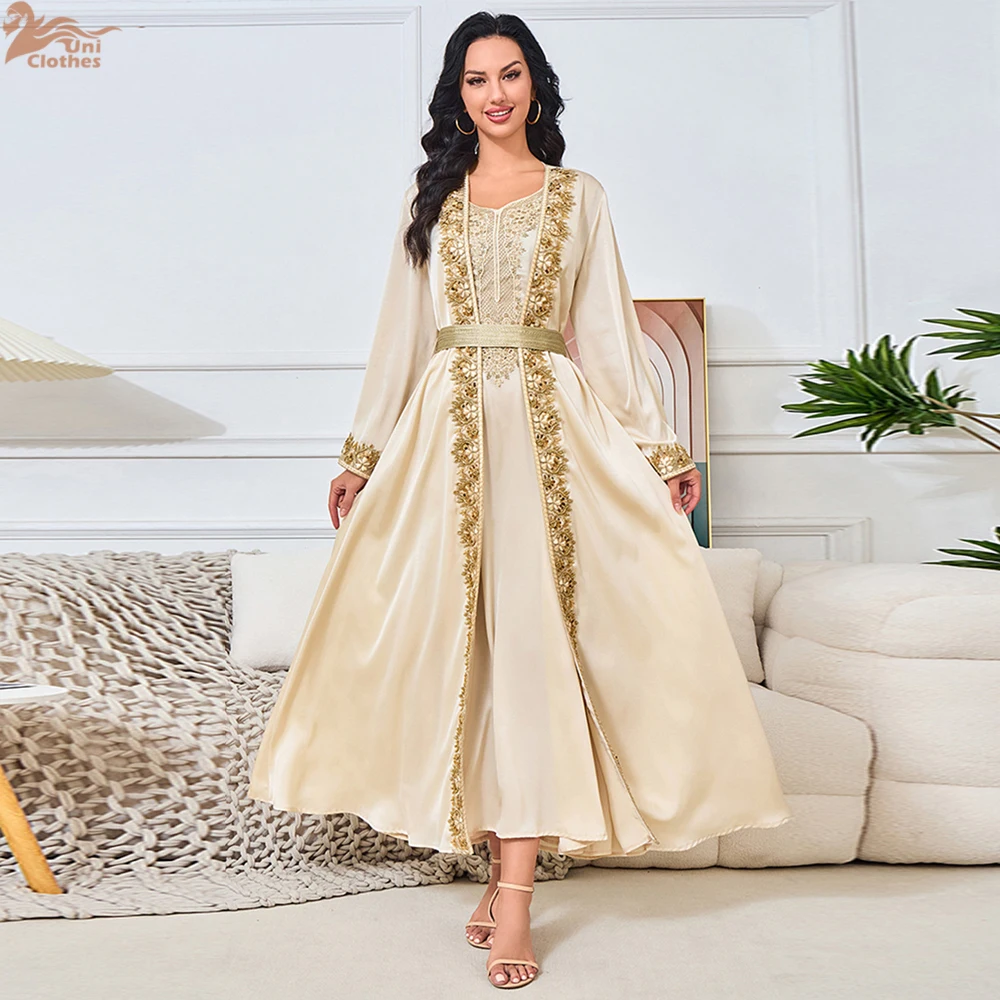 

Dresses 2 Piece Sets Muslim Women Party Open Abaya Morocco Beading Sashes Jalabiya Ramadan Vestidos Kaftan Cardigan Robe Suit