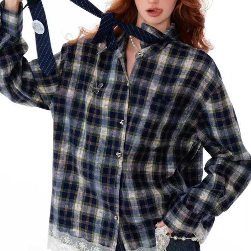 

American Vintage Blouses Plaid Contrast Color Lace Patchwork Shirts Casual Loose Tops 2025 New Design All Match Women's Clothing