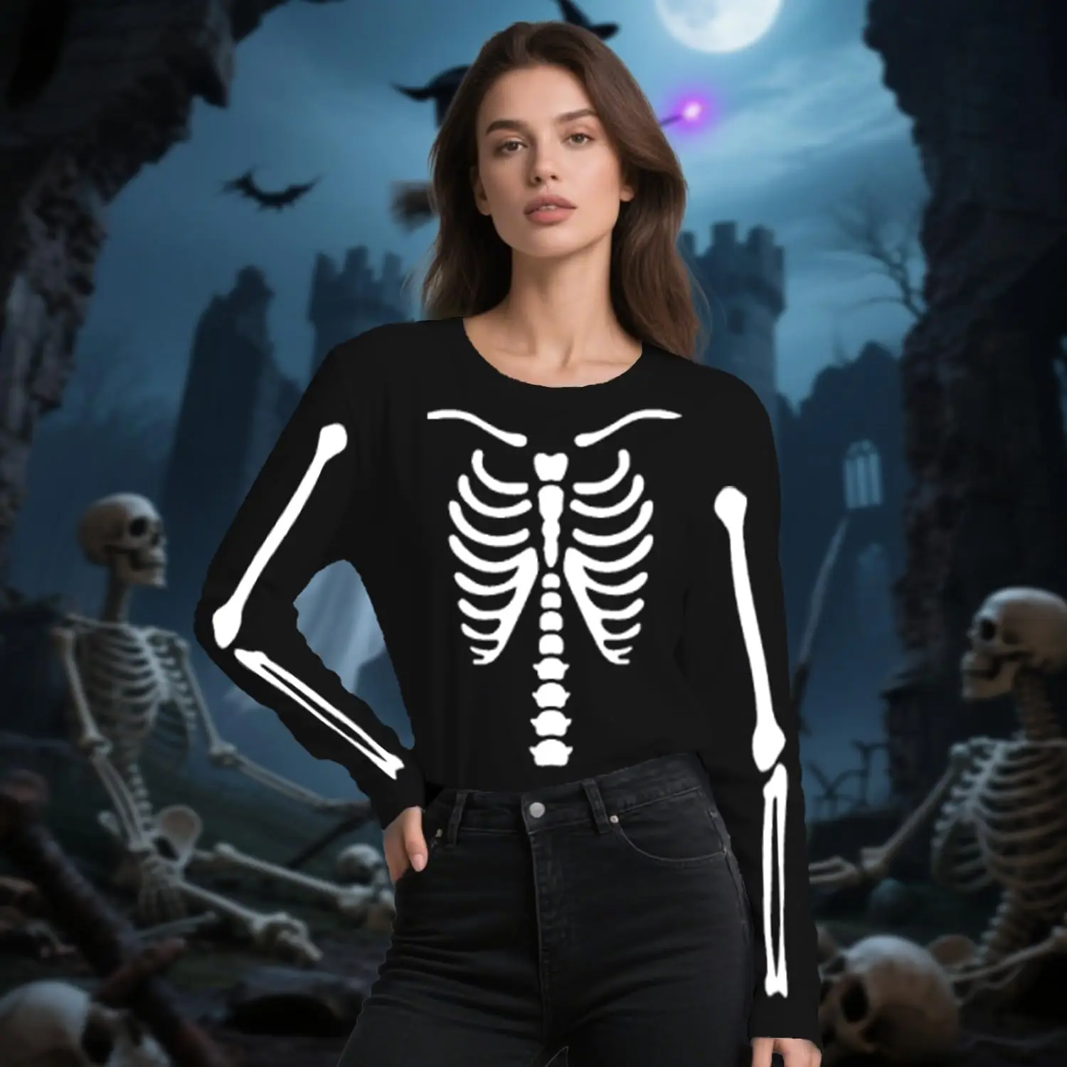 MINISO الوافدين الجدد هالوين الوالدين والطفل الملابس دور اللعب الهيكل العظمي طويلة الأكمام الضلع قفص تي شيرت هالوين حفلة المحملة القمم #3