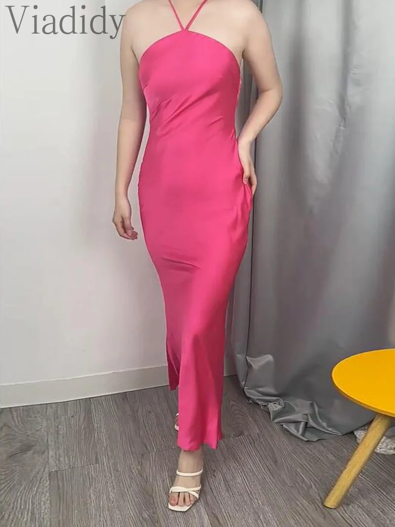 여성용 섹시한 단색 홀터 민소매 밴디지, 레이스업 백리스 할로우 아웃, 인어 새틴 파티 원피스