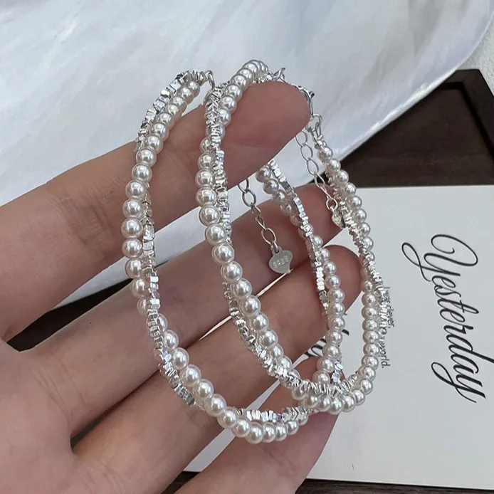 Retro 925 Sterling Silver Pearl Bead Bracelets For Women Fashion Korean Double Layer Heart Chain Bracelet Party Jewelry Gifts