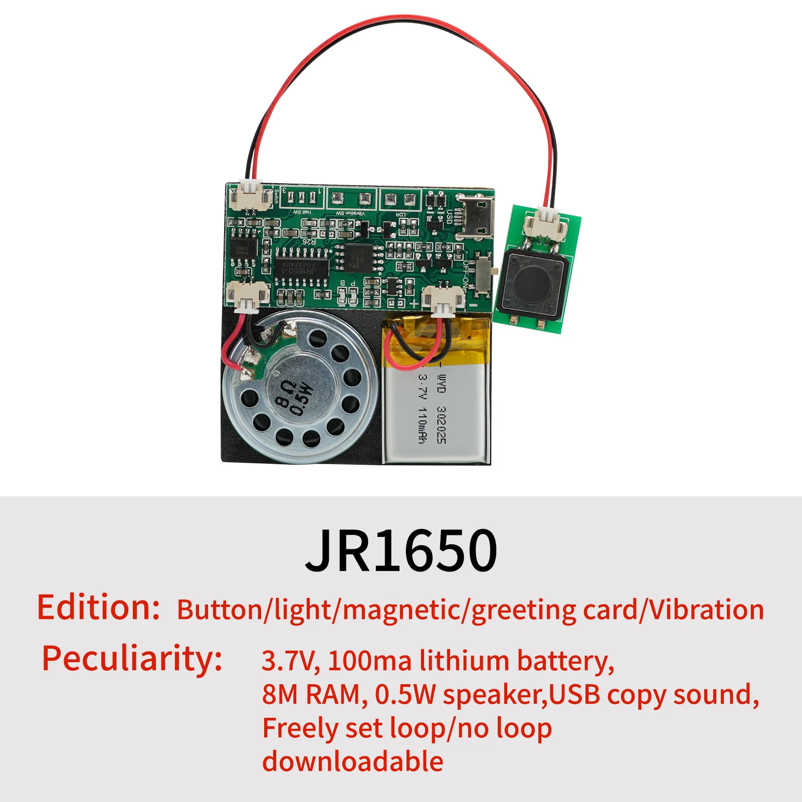 8MB Push Button Sound Module USB Downloadable & Recordable & Rechargeable with MP3 Audio Playback for Xmas Greeting Card Gifts.