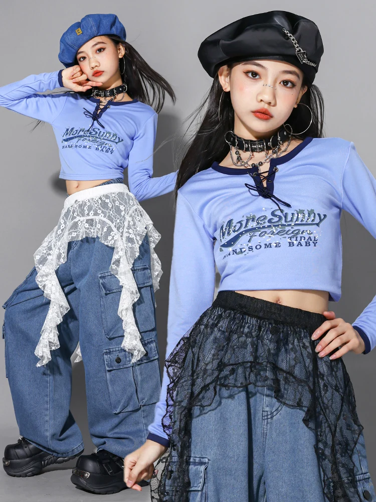 Kpop 2025 meninas roupas jazz hip hop dança traje azul denim calças de carga mangas compridas roupas desempenho dança rua bl18029