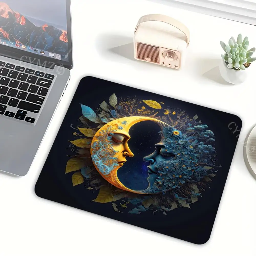 Mysterious moon and sun illustration small Mouse Pad Desk Mat Gaming mats Non-Slip Durable Stitched Edge Laptop office mat