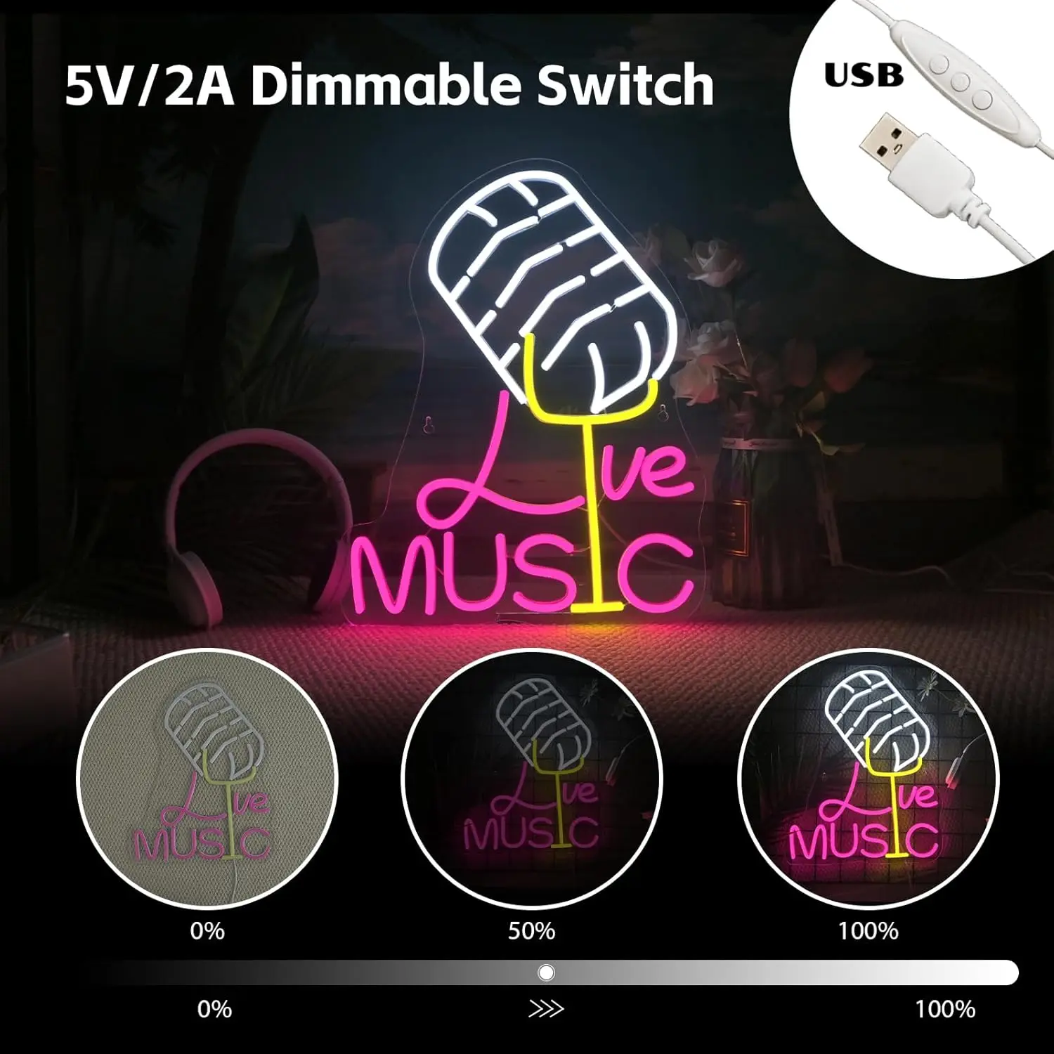 

Живая музыка Неоновая вывеска с регулируемой яркостью на воздушных светодиодных знаках для декора стен Микрофон Неоновая вывеска Бар Музыкальная студия Комната День рождения Де