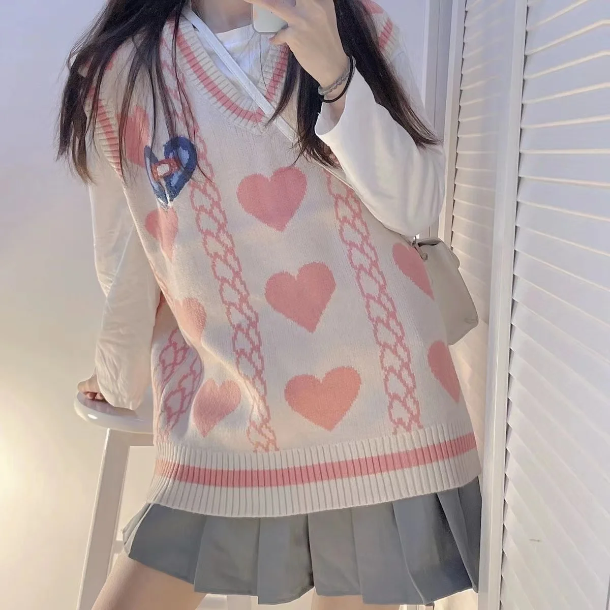 Japanische jk Pullover Weste Frauen einfarbig niedlich Cosplay Pullover Mädchen Schul weste rosa Herz Muster plus Größe 2xl