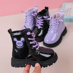 Children's Patent Leather Boots for Girls Fashion Zip Design Short Boots Autumn Winter Warm Waterproof Rubber Boots for Toddler