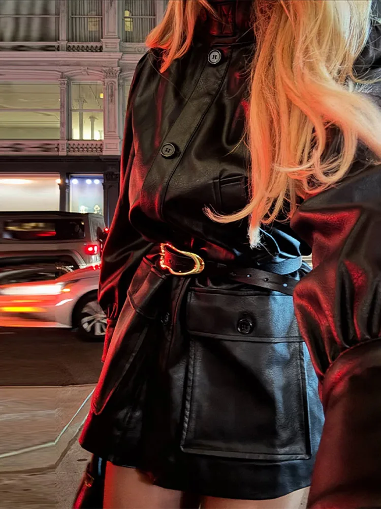 

Женская модная элегантная черная куртка из искусственной кожи, шикарное пальто с длинным рукавом и высоким воротом, регулируемой талией, новая уличная верхняя одежда