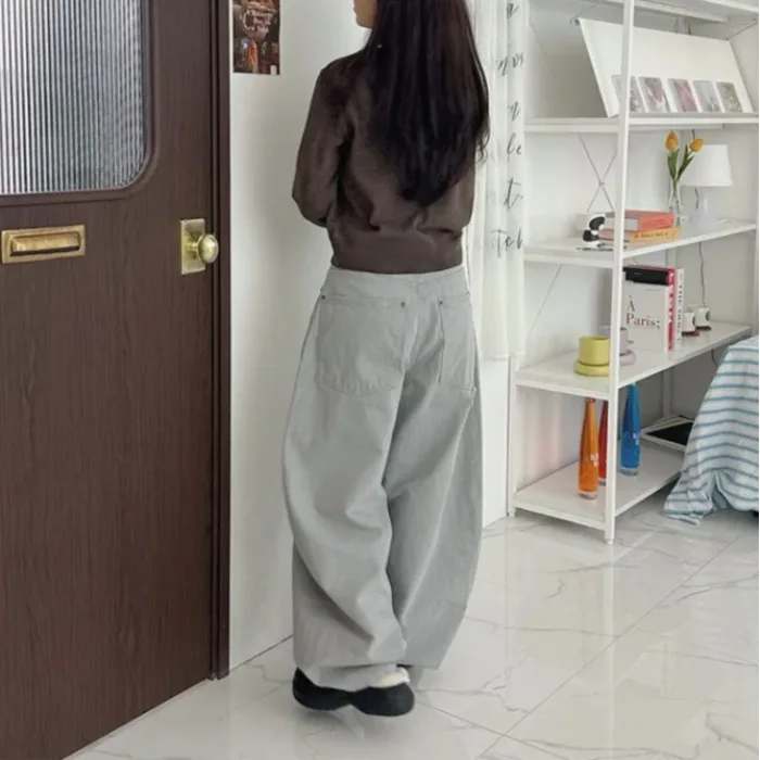 Novo coreano sle simples legal bordado desgastado flor solta jeans casuais feminino cintura alta vintage waed algodão denim calças