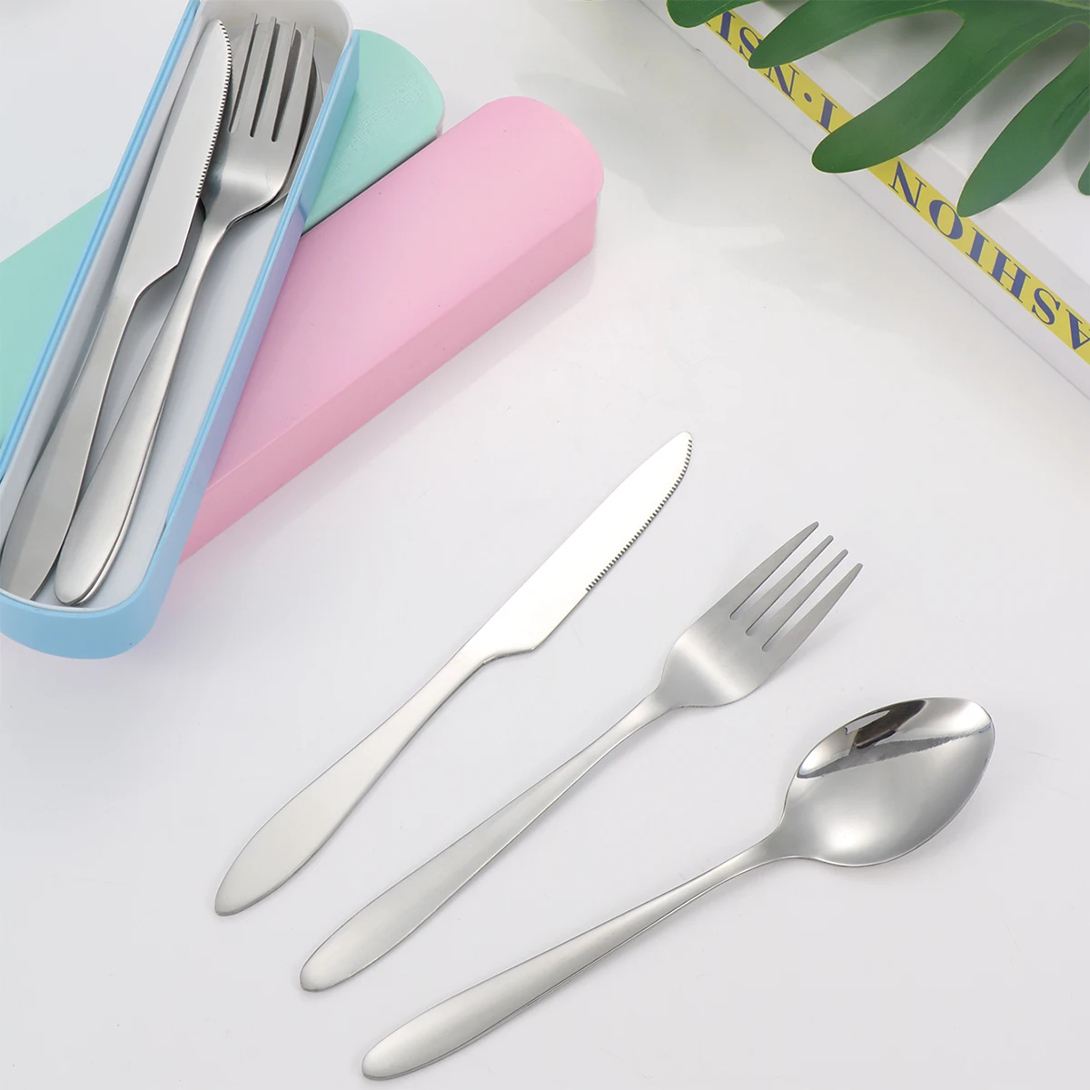 3pc Portable suit students go to school dining suit his knife and fork spoon with receive a case