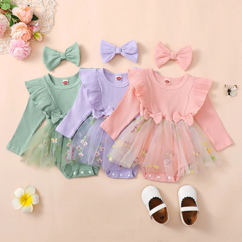 Infant Baby Girls Outfits Newborn Cute Floral Mesh Patchwork Ruffles Long Sleeve Romper Dress Headband  Clothes