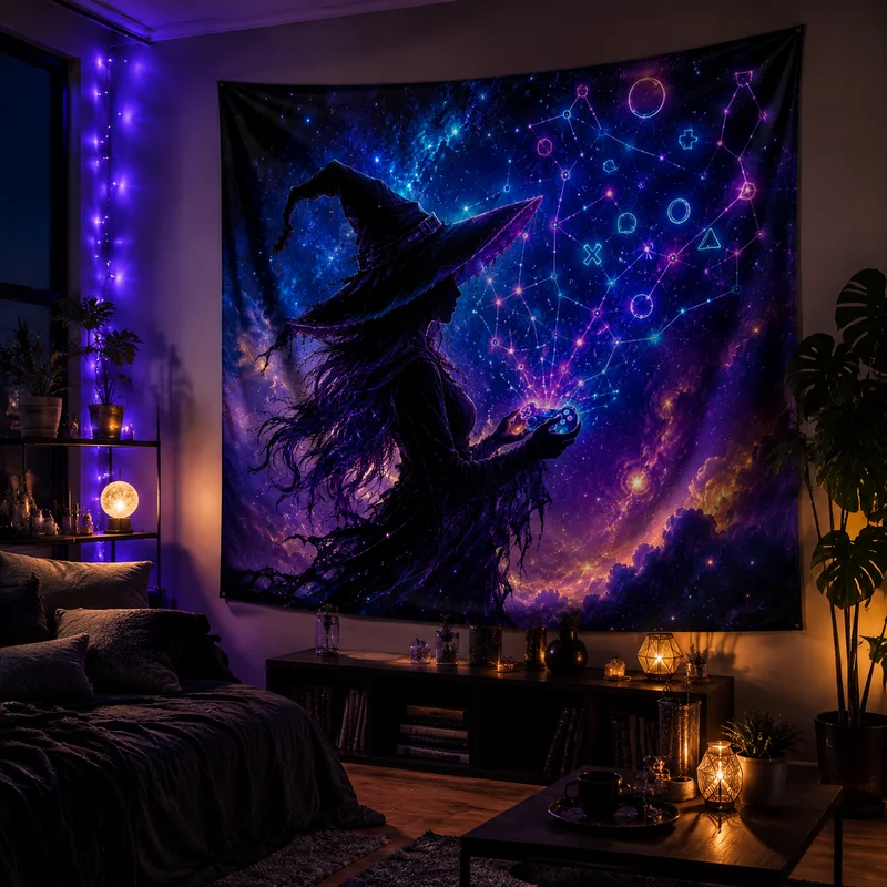 VIKAMA Purple Blue Galaxy Astrology Witch Tapestry Cosmic Nebula Constellation Silhouette Black Robe Witch Room Decoration