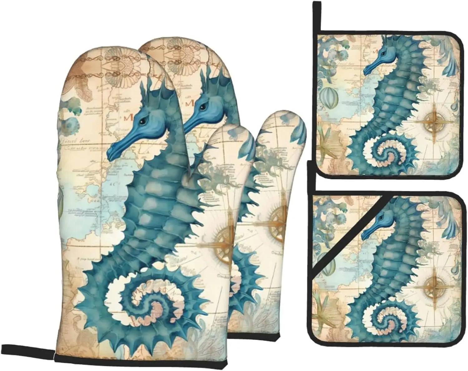 

4-Piece Set Oven Mitts and Potholders, Ocean World Sea Animals Seahorse Baking Glove and Pot Holder for Cooking BBQ