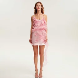 HOBBY Lovely Pink Short Party Dresses Mini Length Ruffles Handmade 3D Flower Zipper Back Women High Street Maxi Dress Cocktail