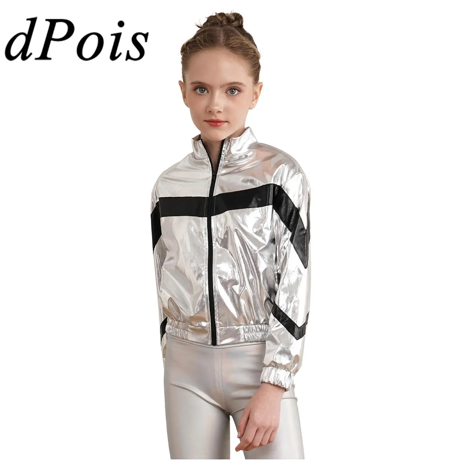 Fashion Girls Boys Shiny Metallic Baseball Jacket Long Sleeve Bomber Jacket Jazz Hip-hop Street Dance Coat Clubwear Outerwear