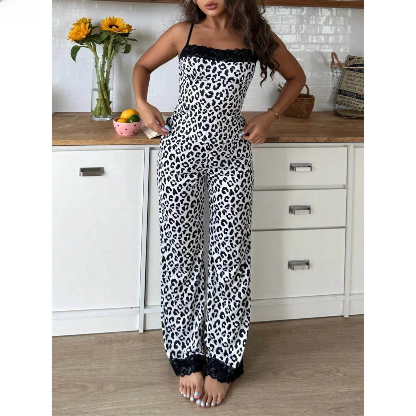 

Sexy Leopard Print Lace Strap Long Pants Comfortable Casual Two-Piece Set Home Clothes Can Be Worn outside Breathable Medium ...