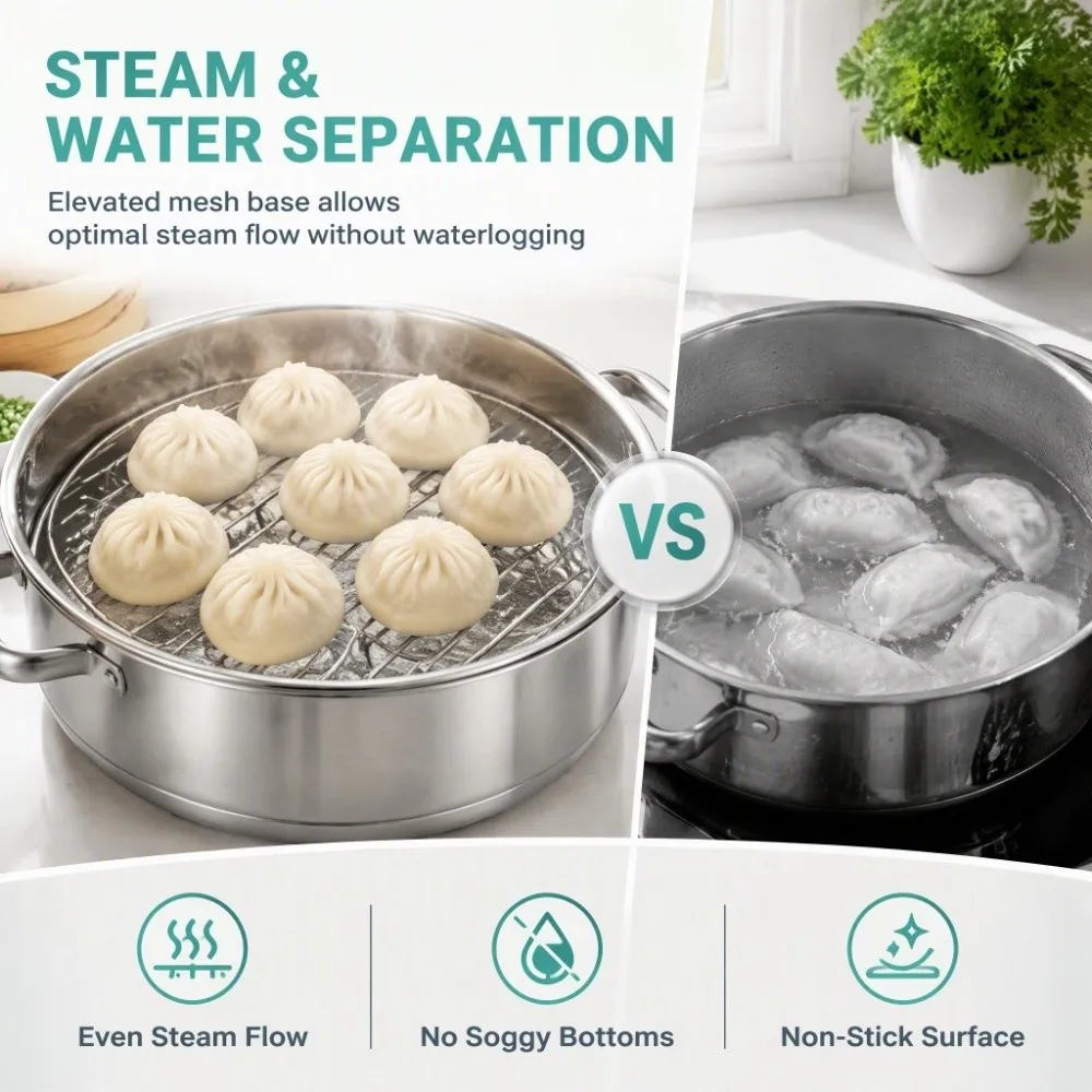 Stainless Steel Steaming Rack Anti Burn Anti Stick Steamer Tray Water Separated Round Wire Rack Steaming Vegetables Meat Buns