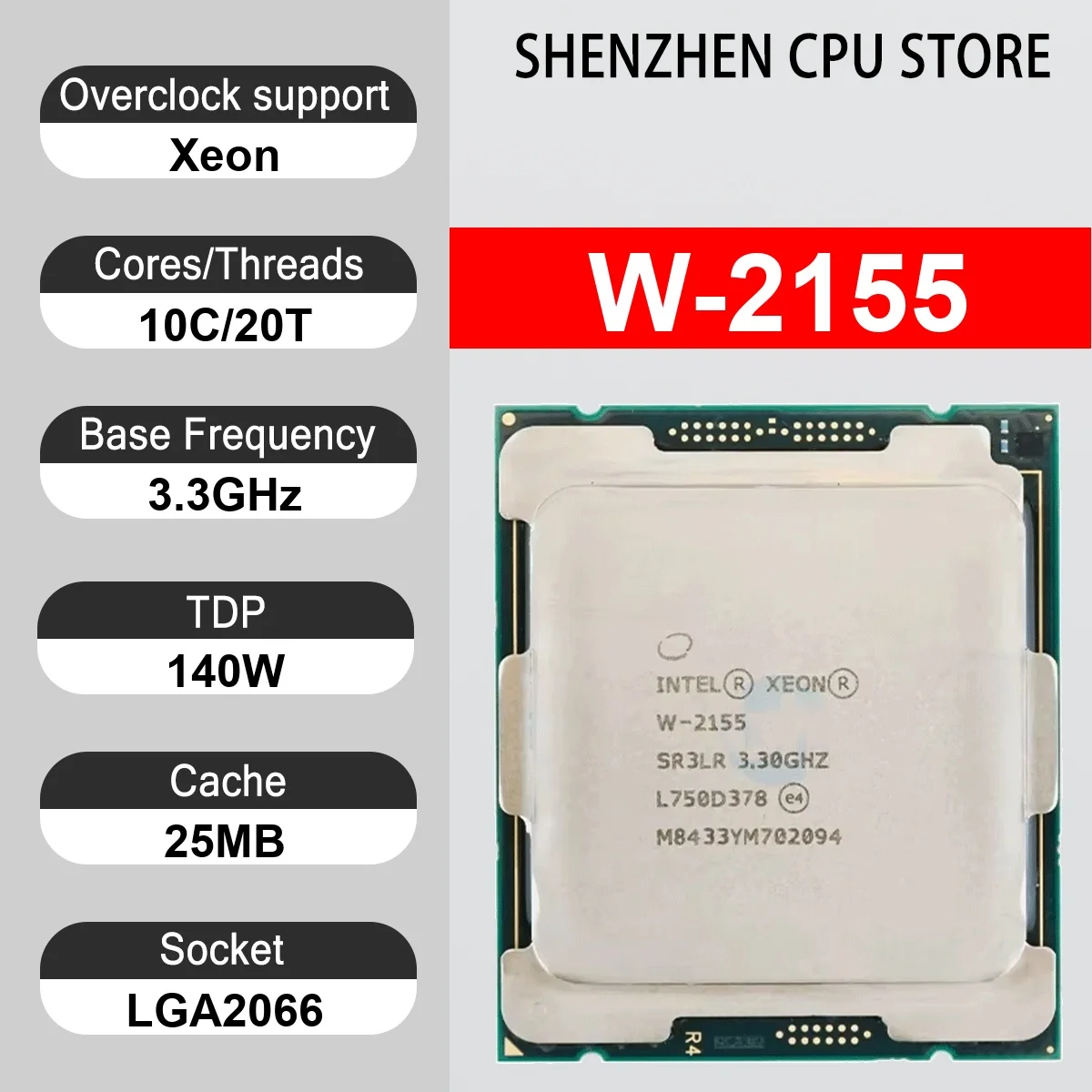 Intel Xeon W-2155 10 Core 20 Thread 3.3GHz 140W 25MB Cache 14nm Skylake-SP DDR4-2666 MHz SR3LR LGA2066