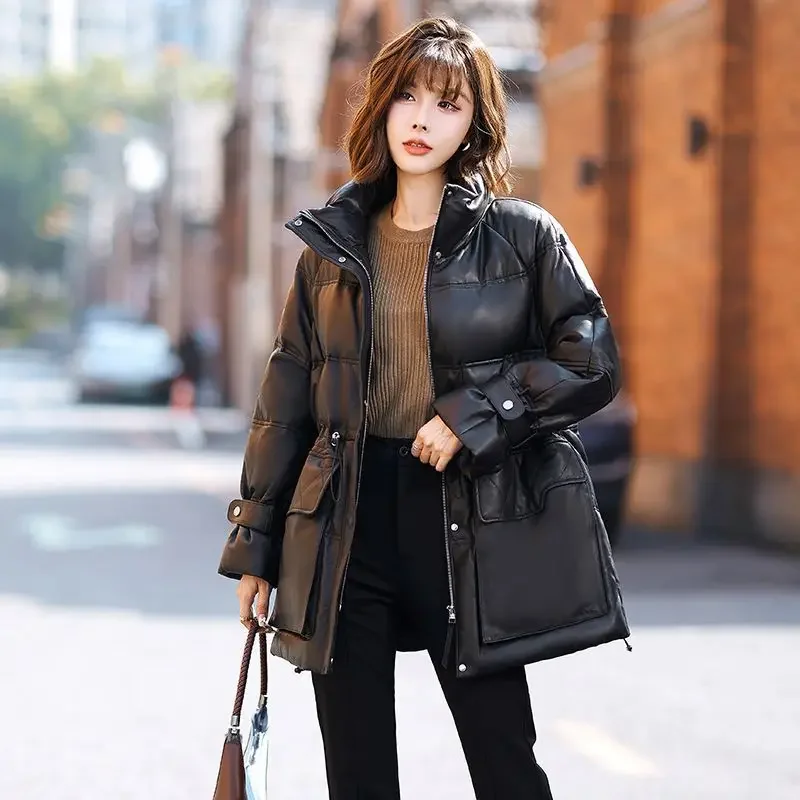 2024Haining  new winter leather down women's warm standing collar loose leather sheep leather casual versatile jacket