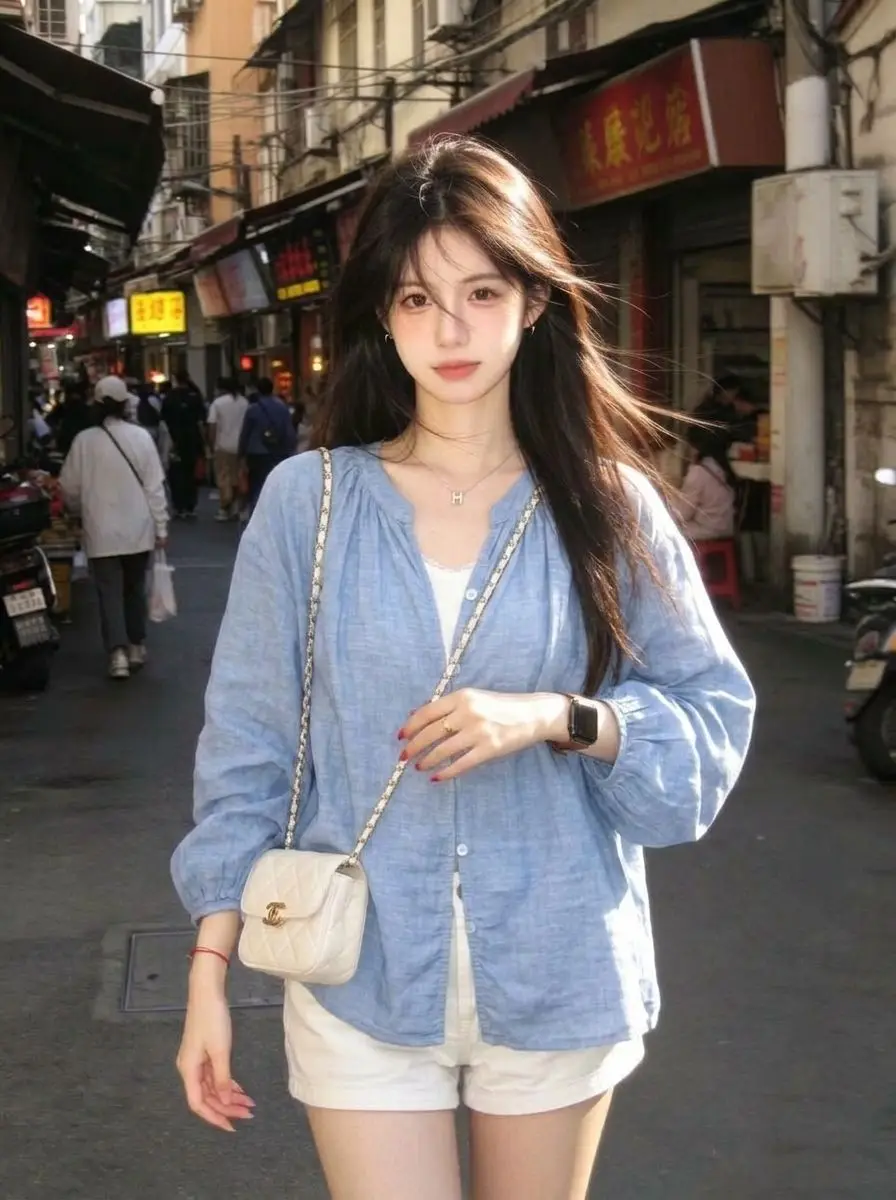 Retro Style Loose Long Sleeve V-Neck Blue Shirt Women's Outerwear New Autumn Fashion Sun Protection Cover-Up Top