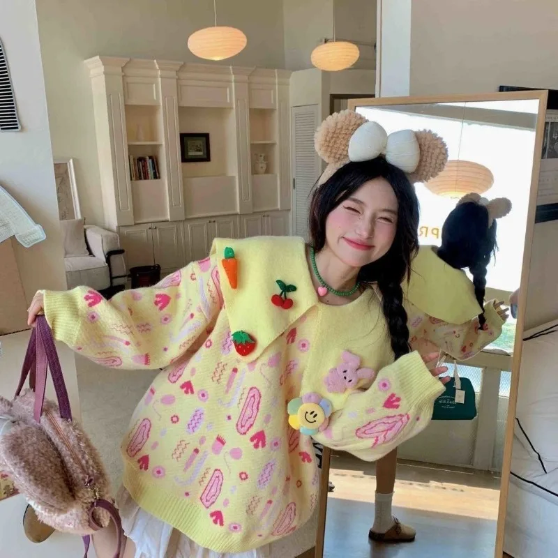 

Autumn and Winter Fashion New Women's Sweet Style Girl Doll Collar Pullover Printed Three-dimensional Decoration Warm Sweater