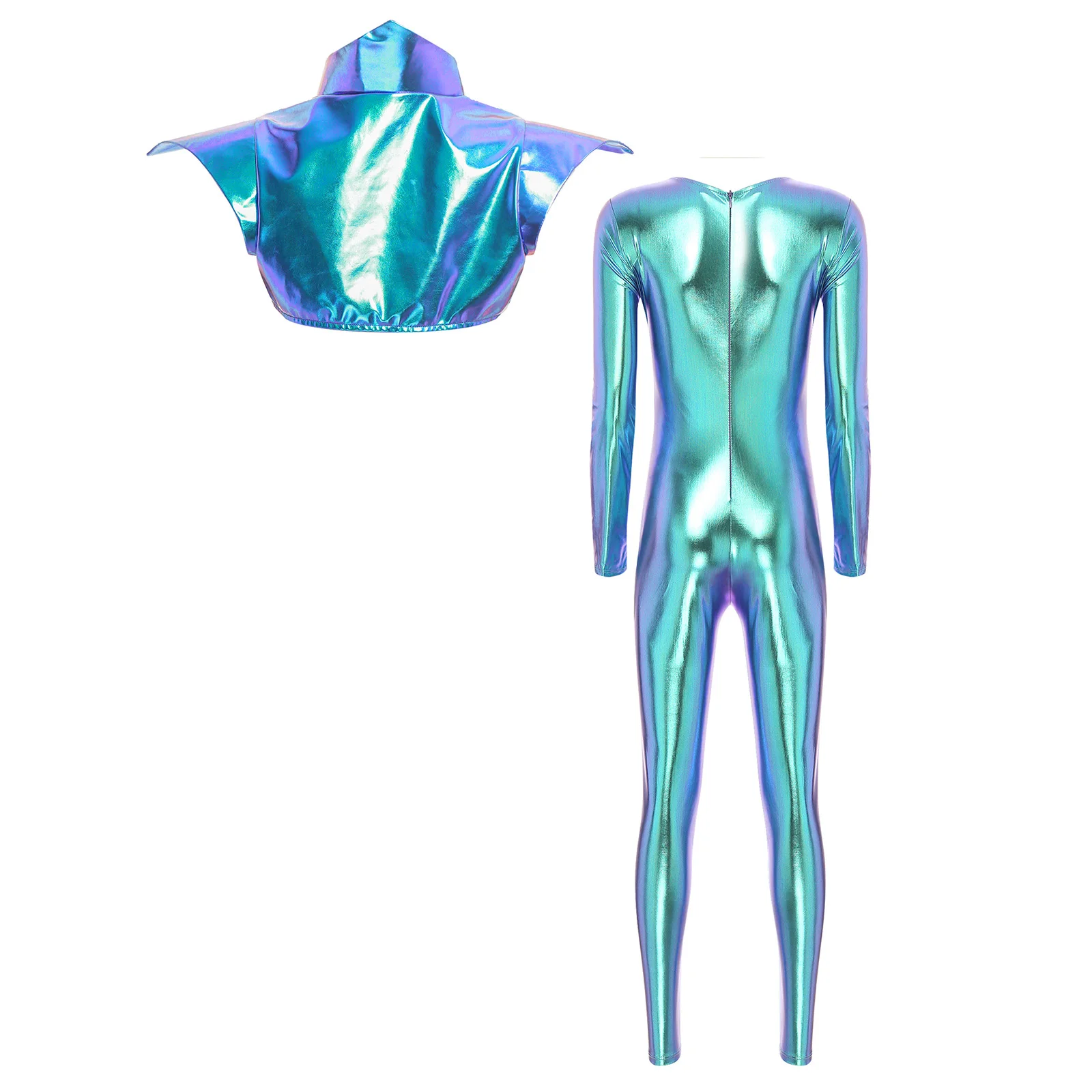 Womens Halloween Party Clubwear Female Metallic Shiny Long Sleeve Disco Jazz Dance Full Body Jumpsuit Unitard and Shoulder Armor