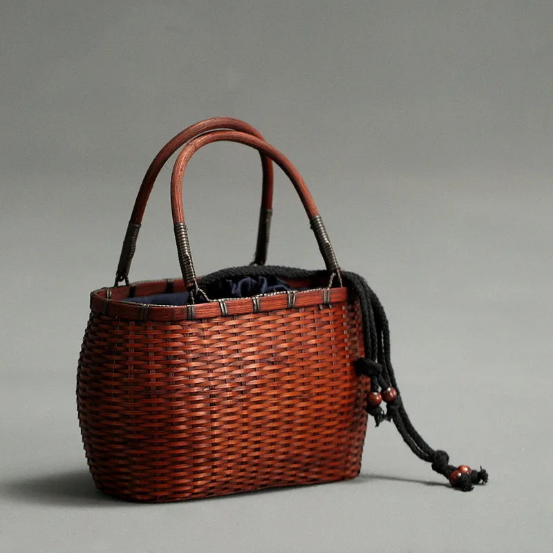 

Women's Handbag Woven Bamboo Bags Summer Straw Basket Tote Bag Fashion Retro Female Rattan Branch Tea Ceremony Storage Handbags