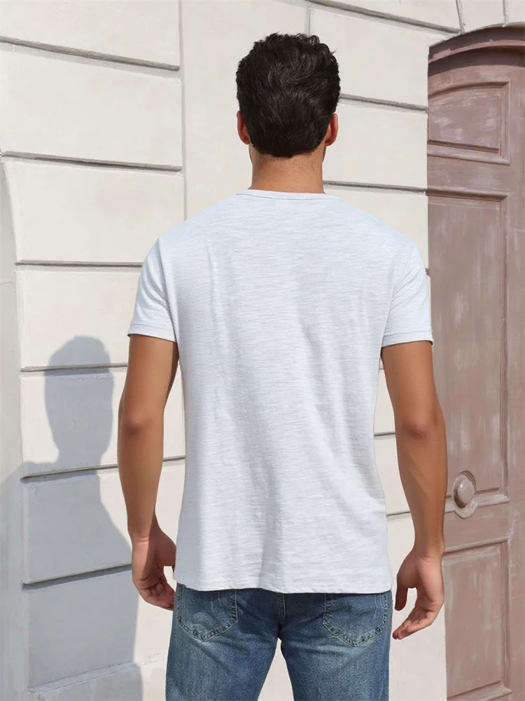 Herren-Baumwoll-T-Shirt, modisches Knopf-Design, atmungsaktiv, einfarbig, kurzärmelig, Henley-Ausschnitt, Tops, schmale Passform, gemütliche männliche Freizeit-T-Shirts – Detail 18
