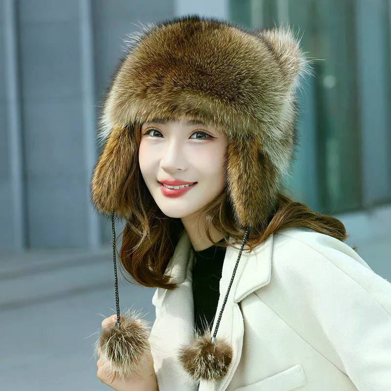 Cute Raccoon Tail Plush Cap Women Winter Windproof Thick Warm Ears Fashion Outdoor Ear Flaps Bomber Russian Hat New Hot