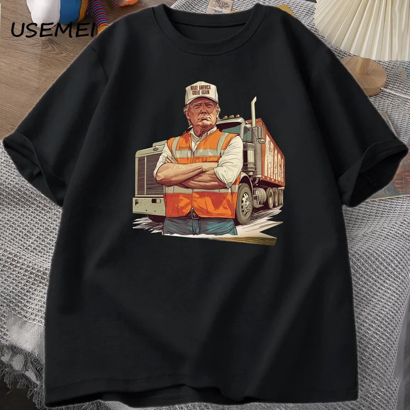 Donald Trump with Garbage Truck Printed T-shirt Humorous Trump Christmas T-Shirt Men Women Cotton Graphic Tee Male Clothing