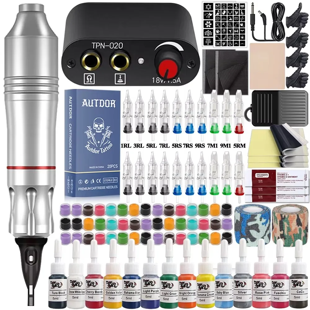 Tattoo Pen Machine Kit Rotary Tattoo Pen Set with Cartridge Needles Power Supply Ink DC Interface for Tattoo Artist Accessories