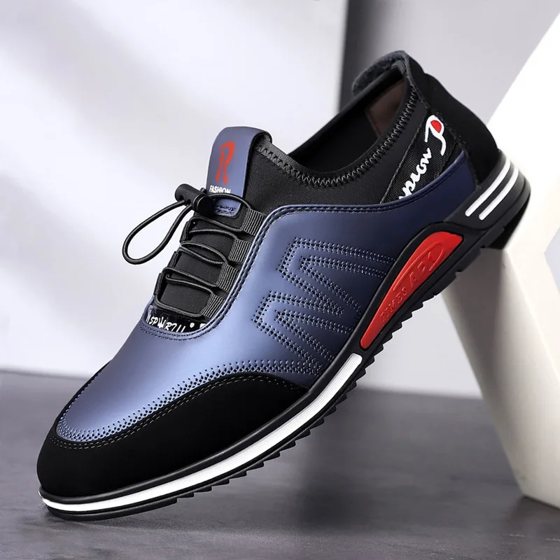 Autumn and Winter Elastic Men\'s Leather Shoes Casual Shoes Soft Bottom Business Men\'s Shoes Elastic Band Brand Sports Shoes2023