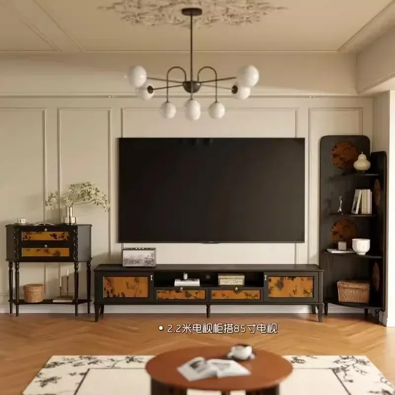 French retro solid wood TV cabinet American antique fragrant cloud yarn TV cabinet 2024 new storage floor cabinet