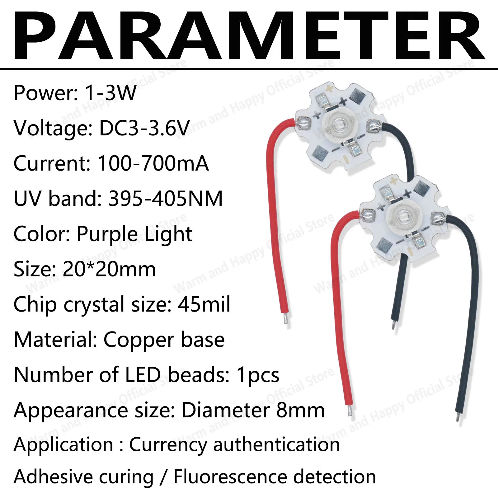 

2-100pcs 1-3W DC3-3.6V UV High Power LED Light Chip With PCB UV Beads 395-405NM With Wires Animal Banknote Jewelry Detection