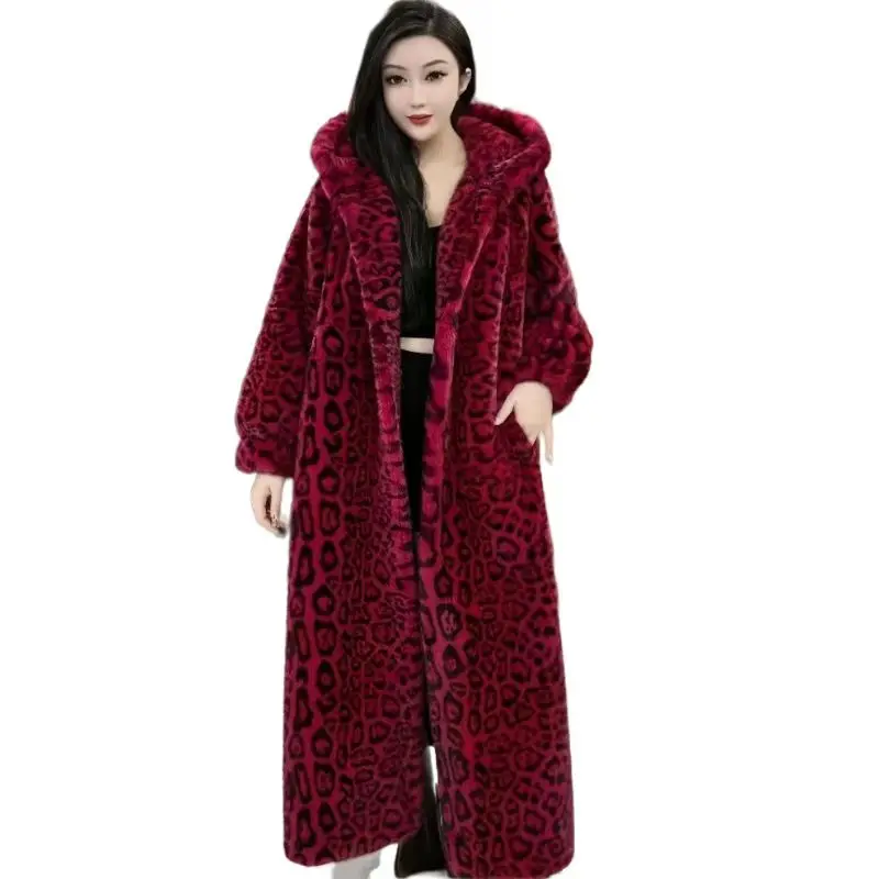 Faux Fur Coats for Women,Single Button Hooded Jacket,Leopard,Female Thick Warm Clothes, High Quality,England Style, New, Winter