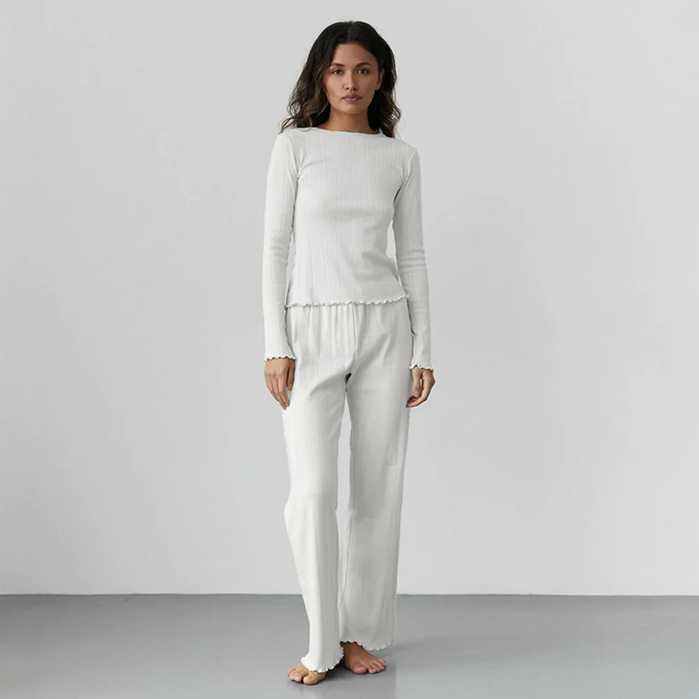 Comfortable Long Sleeve Knitted Hollow out Sleepwear Two Piece Set Autumn Cross-Border Love Pattern Home Clothes for Women