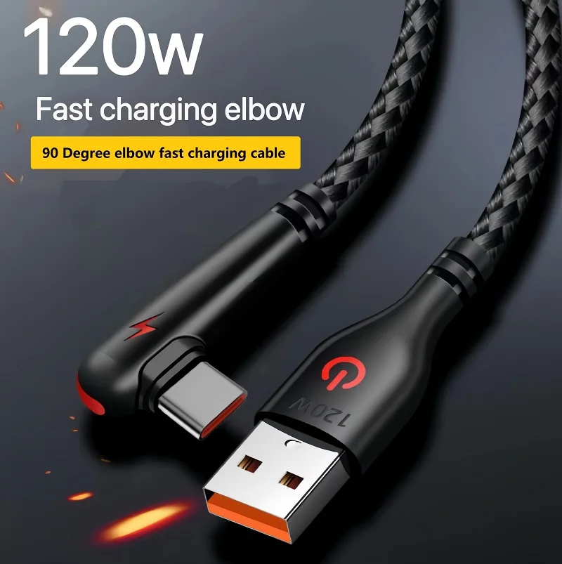 120W USB To Type-C Fast Charging Cable 90Degree Elbow Design Nylon Braided Mobile Phone Data Cord For Huawei oppo Xiaomi Samsung
