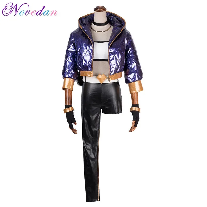 Dd12KDA LOL KDA Akali Cosplay Feminino Conjunto Completo para Calças Luvas Bolsa Halloween