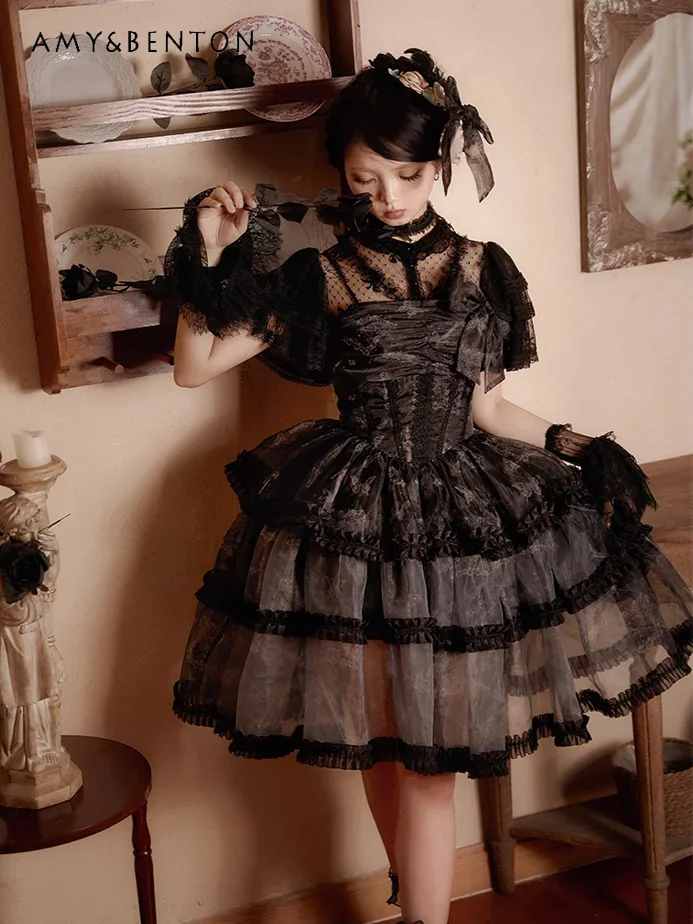 

Harajuku Gothic Daily Lolita Dresses Summer New High-Grade Tie-Dyed Printed Bow Multi-Layer Ball Gown Dress Princess Mini Dress