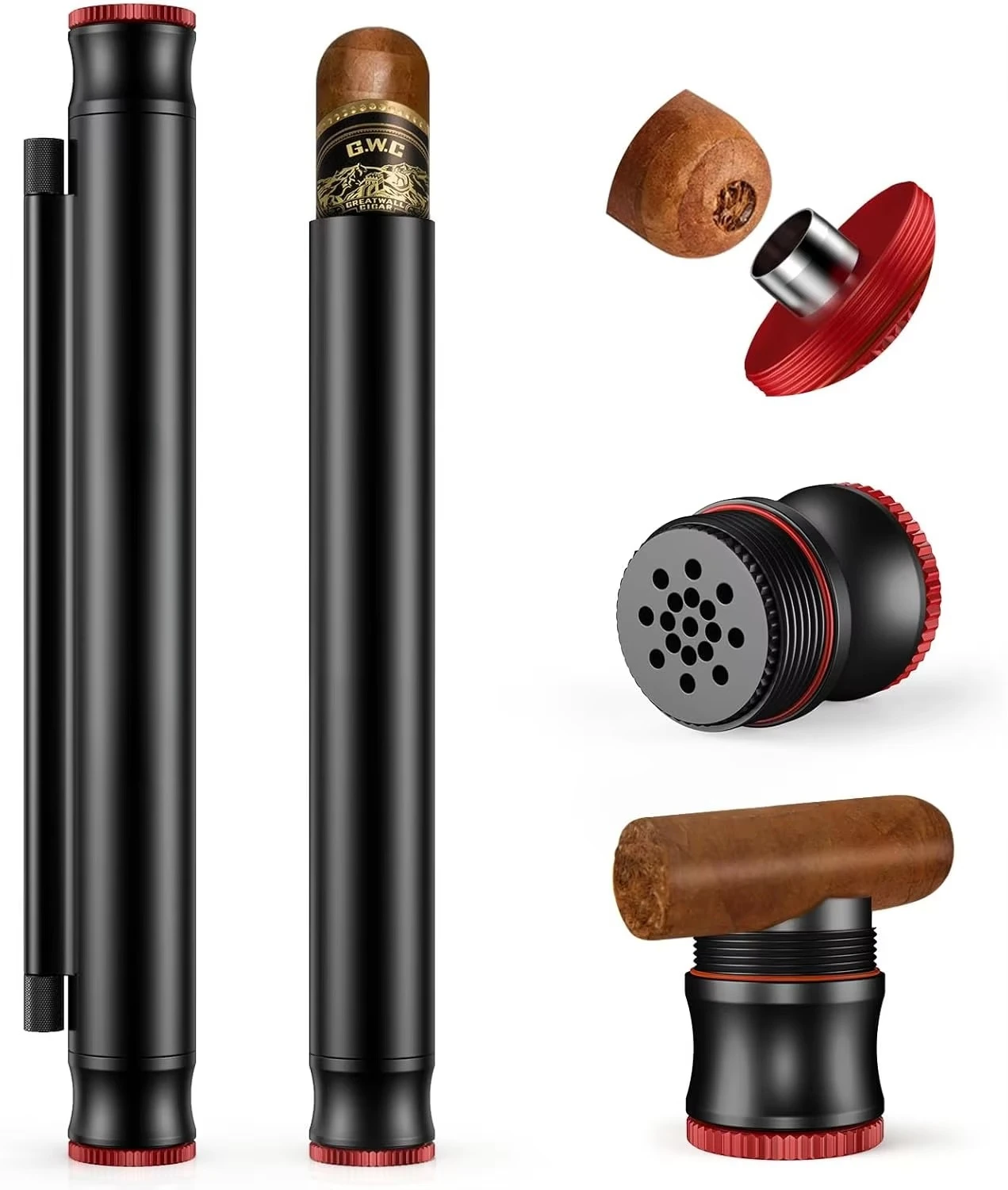 Travel Cigar Tube, Portable Aluminum Storage Tube Built in Humidifier, with Dual  Punch Needle CigHolder