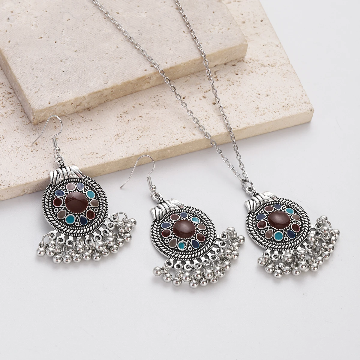 Vintage Boho Antique Silver/Gold Color Earrings Necklace Women's Round Heart Shape Flower Dange Earrings Tassel Wedding Jewelry
