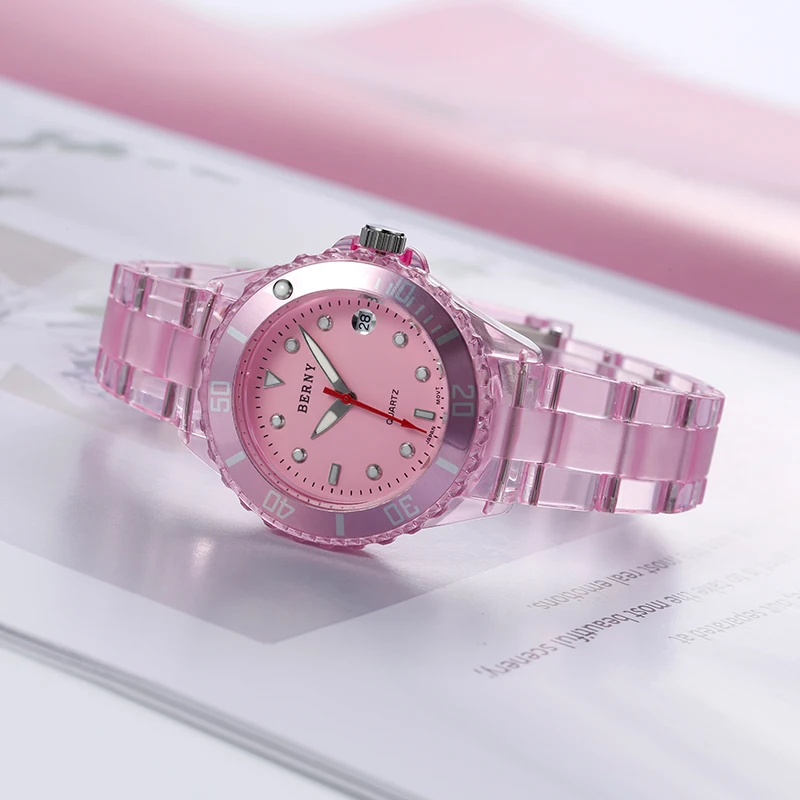 BERNY Quartz Watch Girls Fashion Quartz Wristwatch 3ATM Waterproof Ladies Watches translucent crystal pink peach