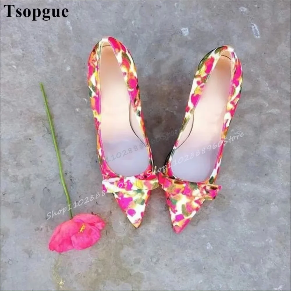 Mixed Color Flower Print Bowknot Pointy Pumps Stilettos High Heel Shoes For Women Slip On Pointed Toe Casual Party Women Pumps